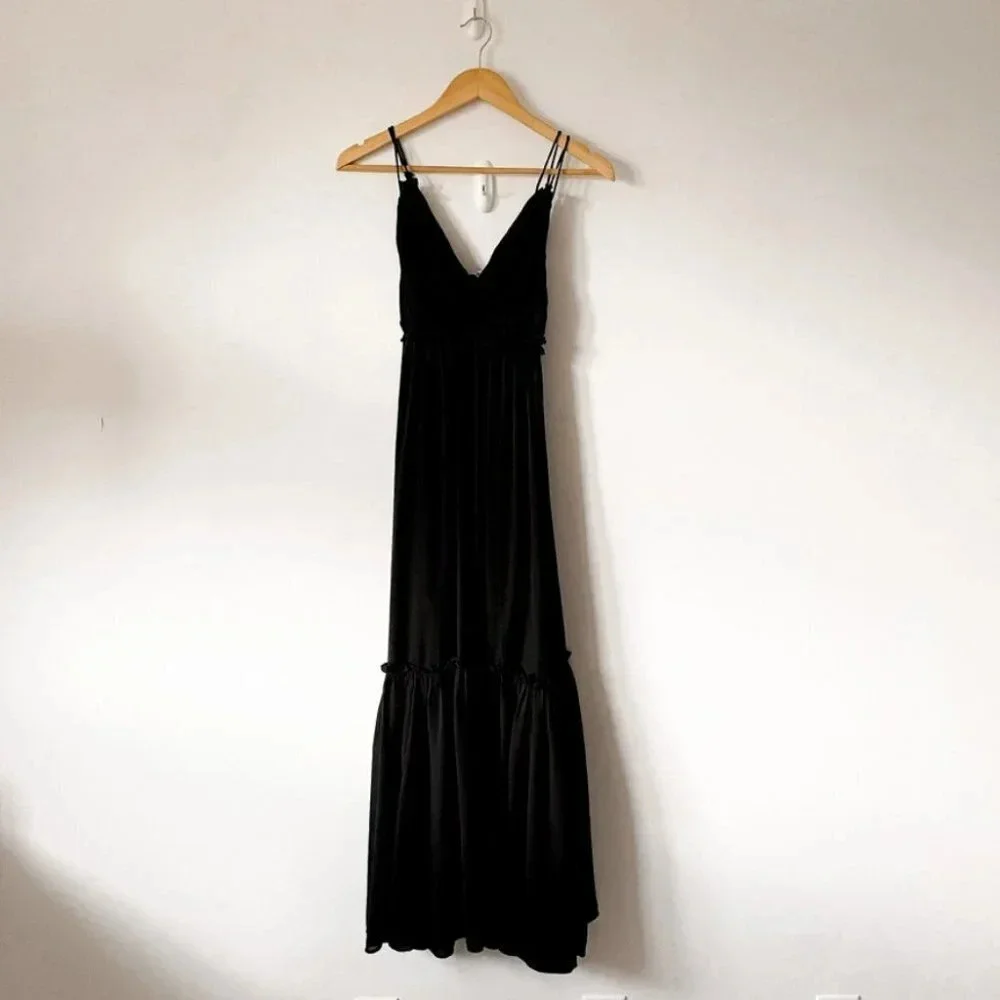 Abercrombie & Fitch Floaty Femme Ruffle V Neck Maxi Dress Black Sz XS